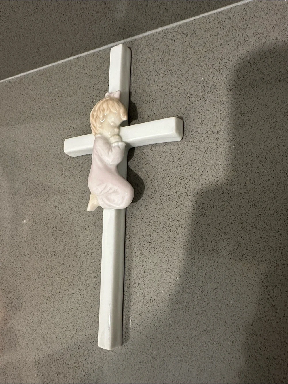 Vintage White Cross Wall Decor with Pink Praying Child Accent 1996